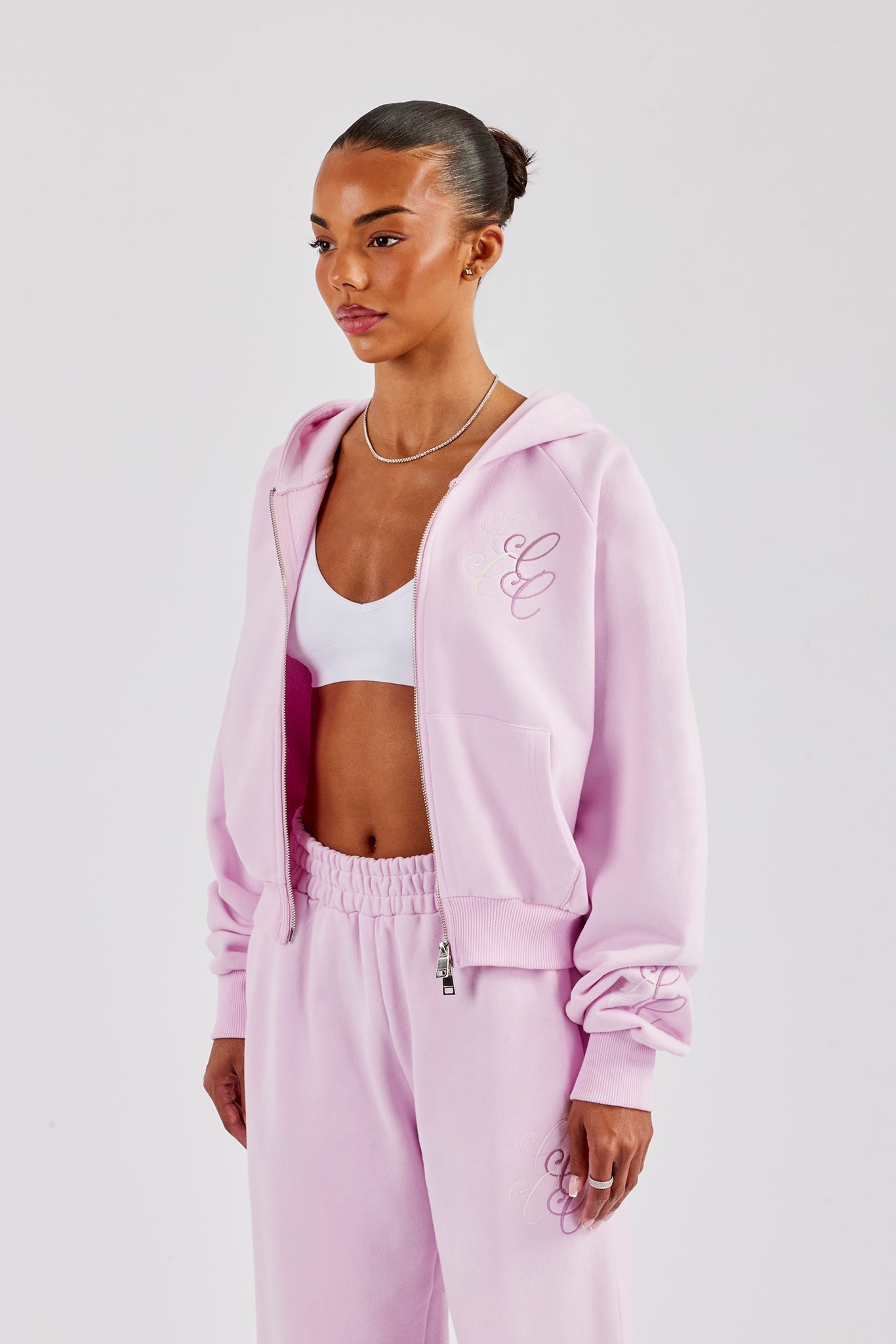 Embroidered Applique Boxy Zip Hoodie - Pink
